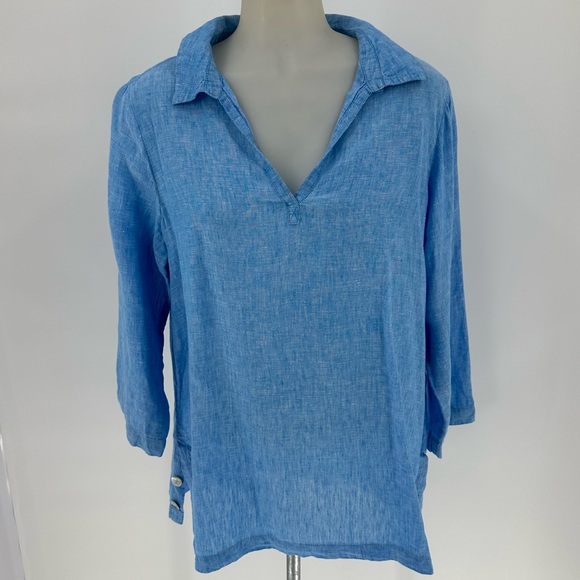 Tahari Tops - Tahari Top Blue Linen Collared V-neck 3/4 Sleeve Coastal Beachy Lightweight Sz L
